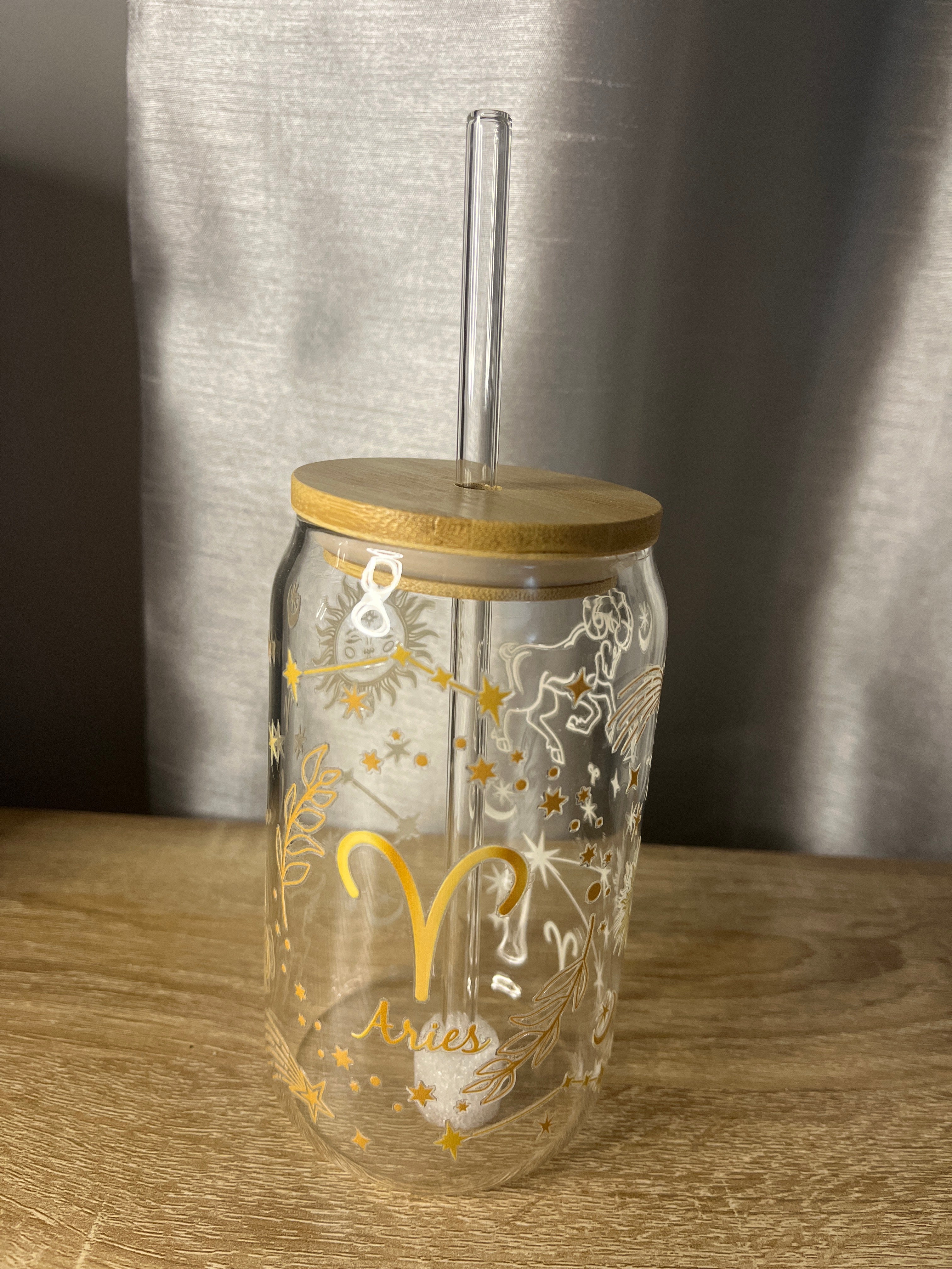 Star Sign / Zodiac Glass Can Shaped Cup With Glass Straw