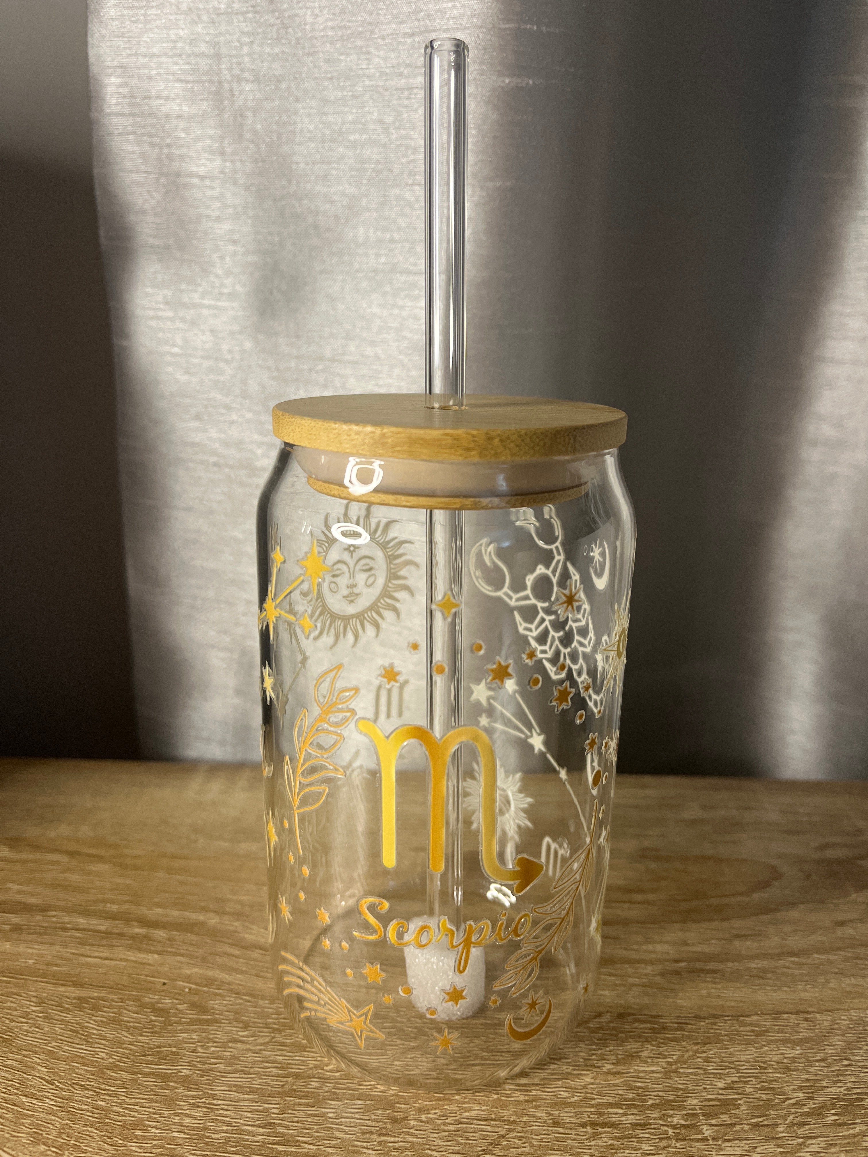 Star Sign / Zodiac Glass Can Shaped Cup With Glass Straw