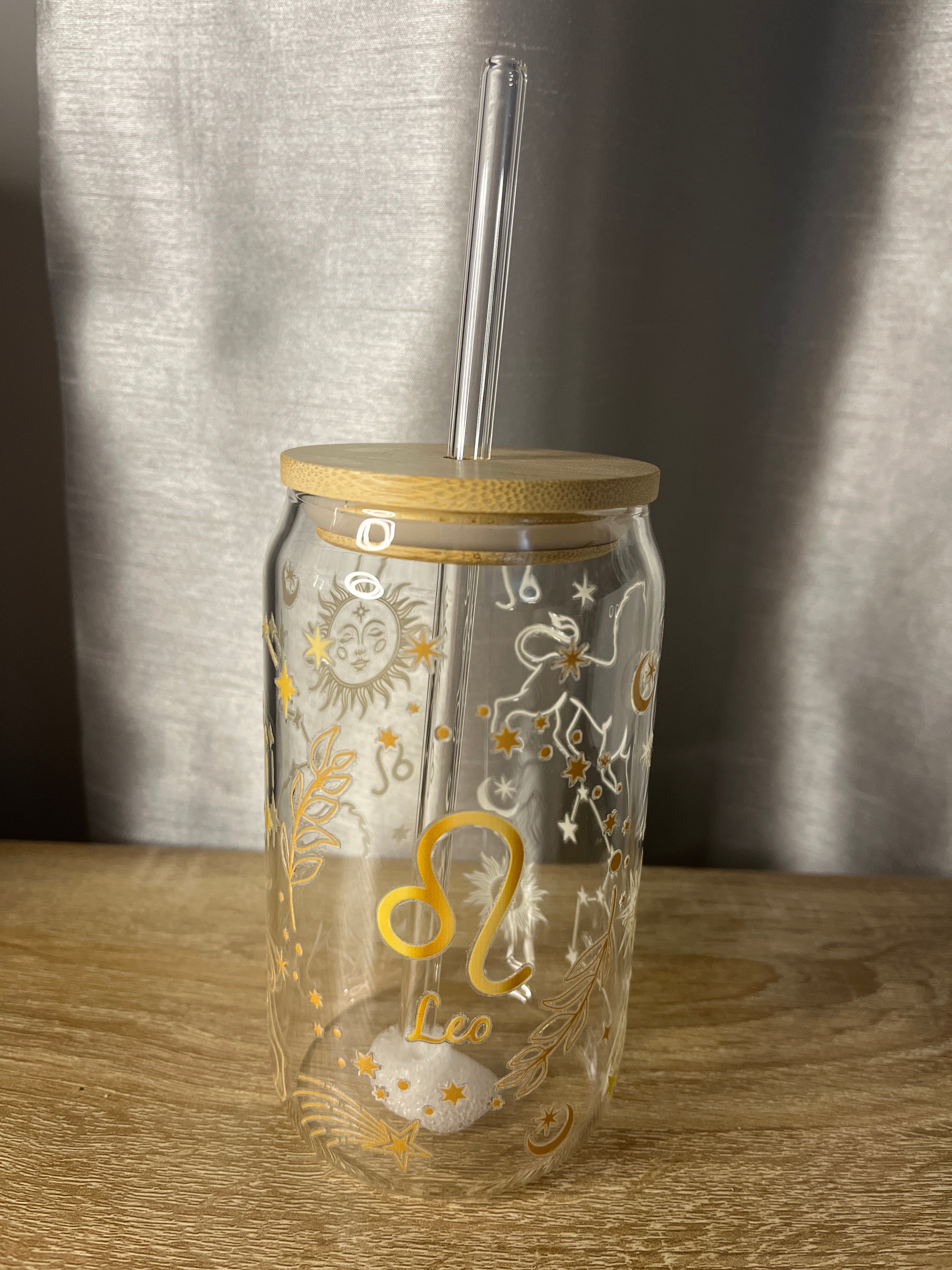 Star Sign / Zodiac Glass Can Shaped Cup With Glass Straw