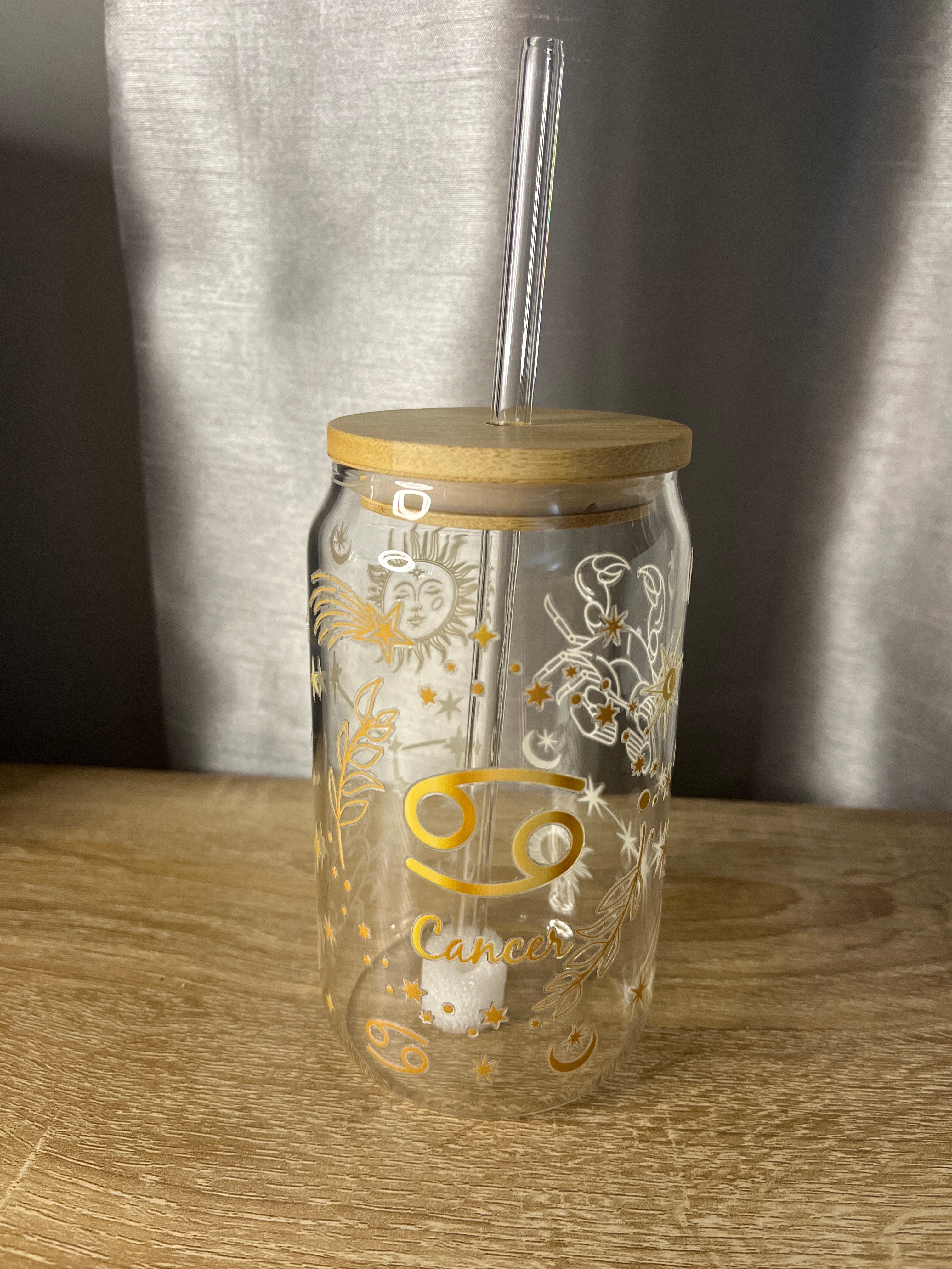 Star Sign / Zodiac Glass Can Shaped Cup With Glass Straw