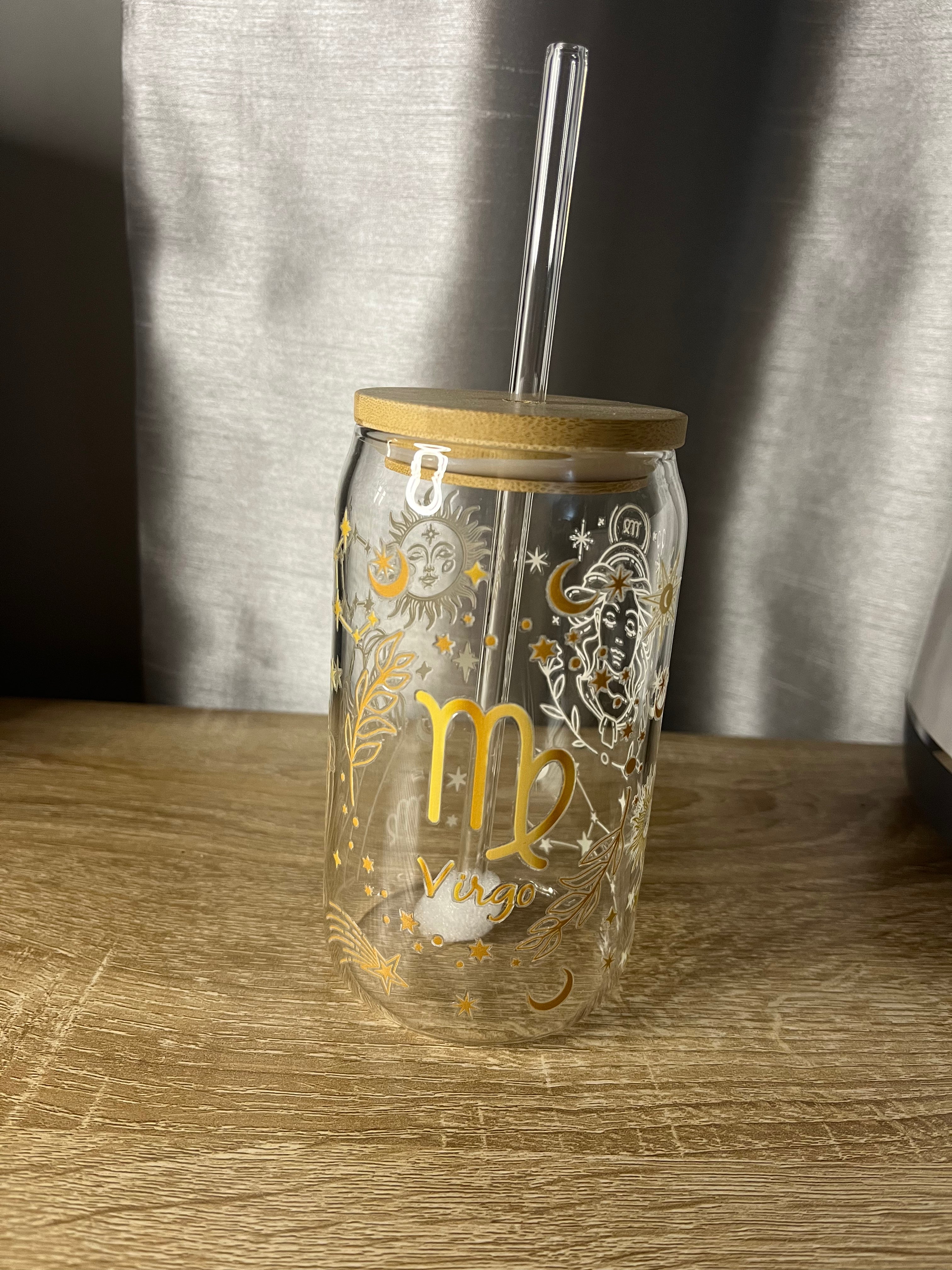 Star Sign / Zodiac Glass Can Shaped Cup With Glass Straw