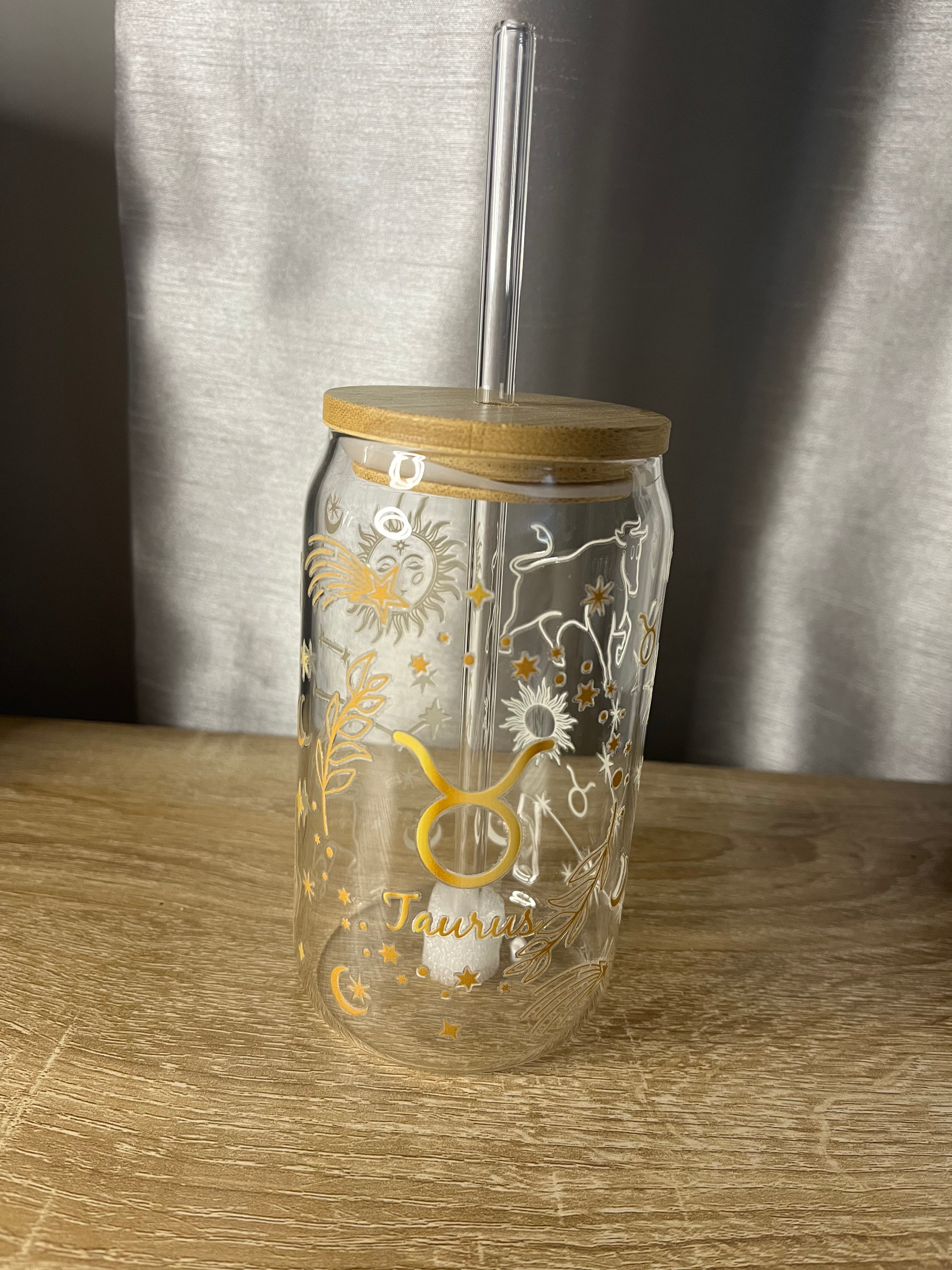 Star Sign / Zodiac Glass Can Shaped Cup With Glass Straw