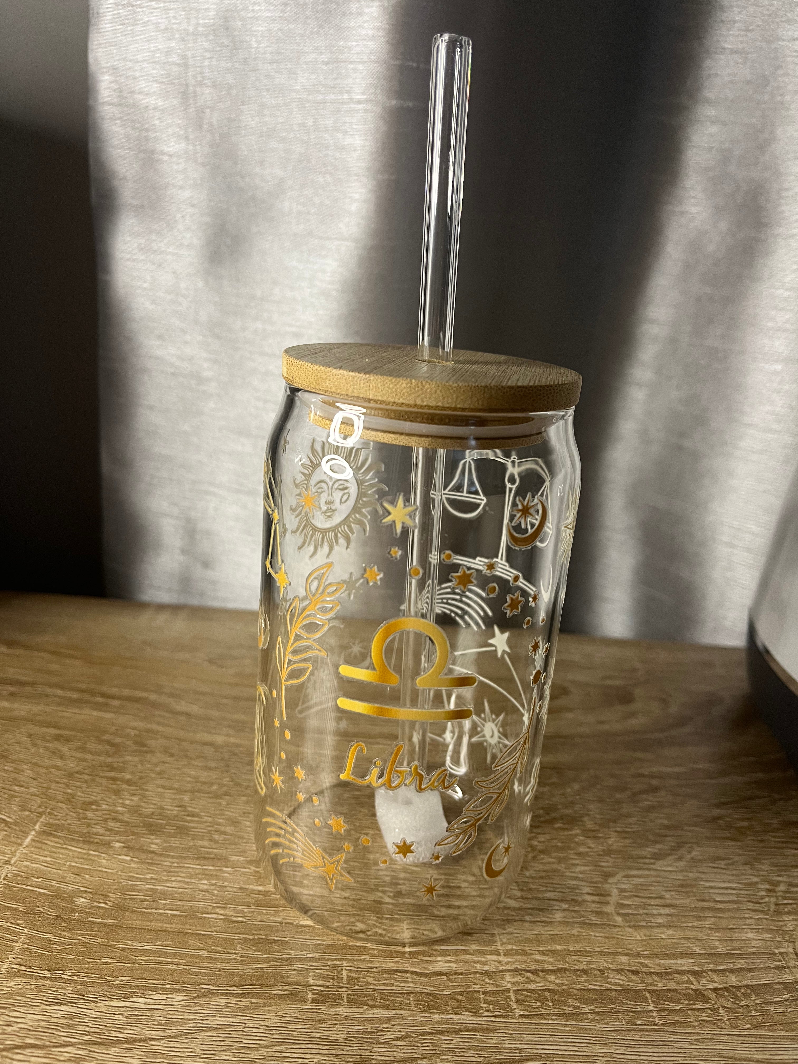 Star Sign / Zodiac Glass Can Shaped Cup With Glass Straw