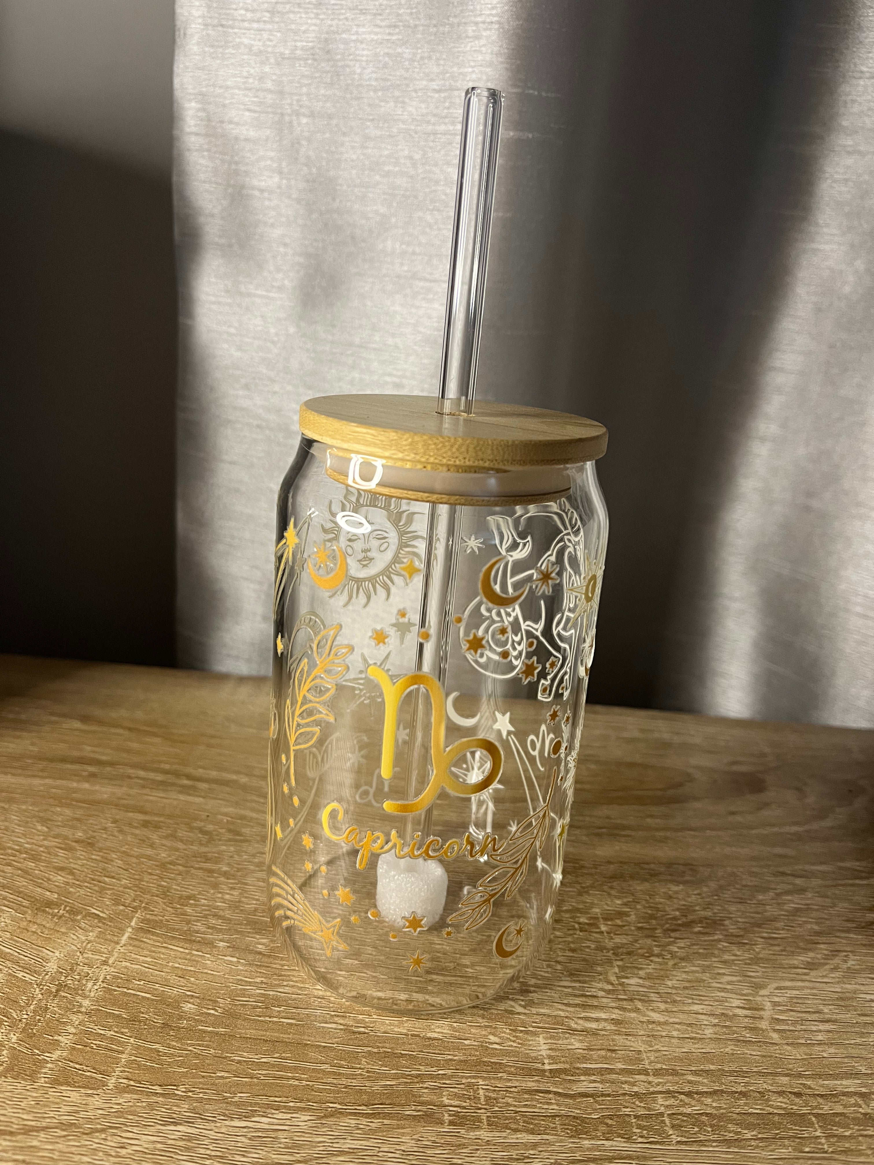 Star Sign / Zodiac Glass Can Shaped Cup With Glass Straw