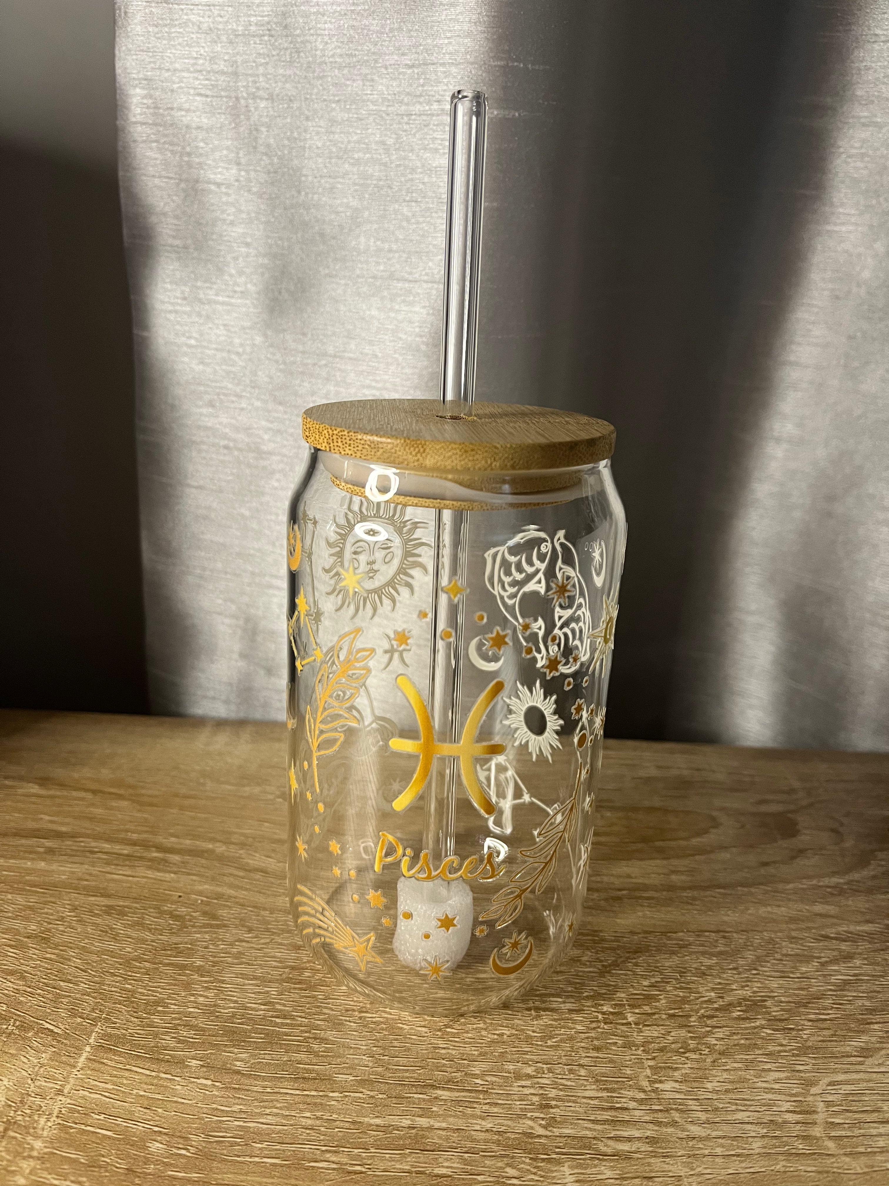Star Sign / Zodiac Glass Can Shaped Cup With Glass Straw