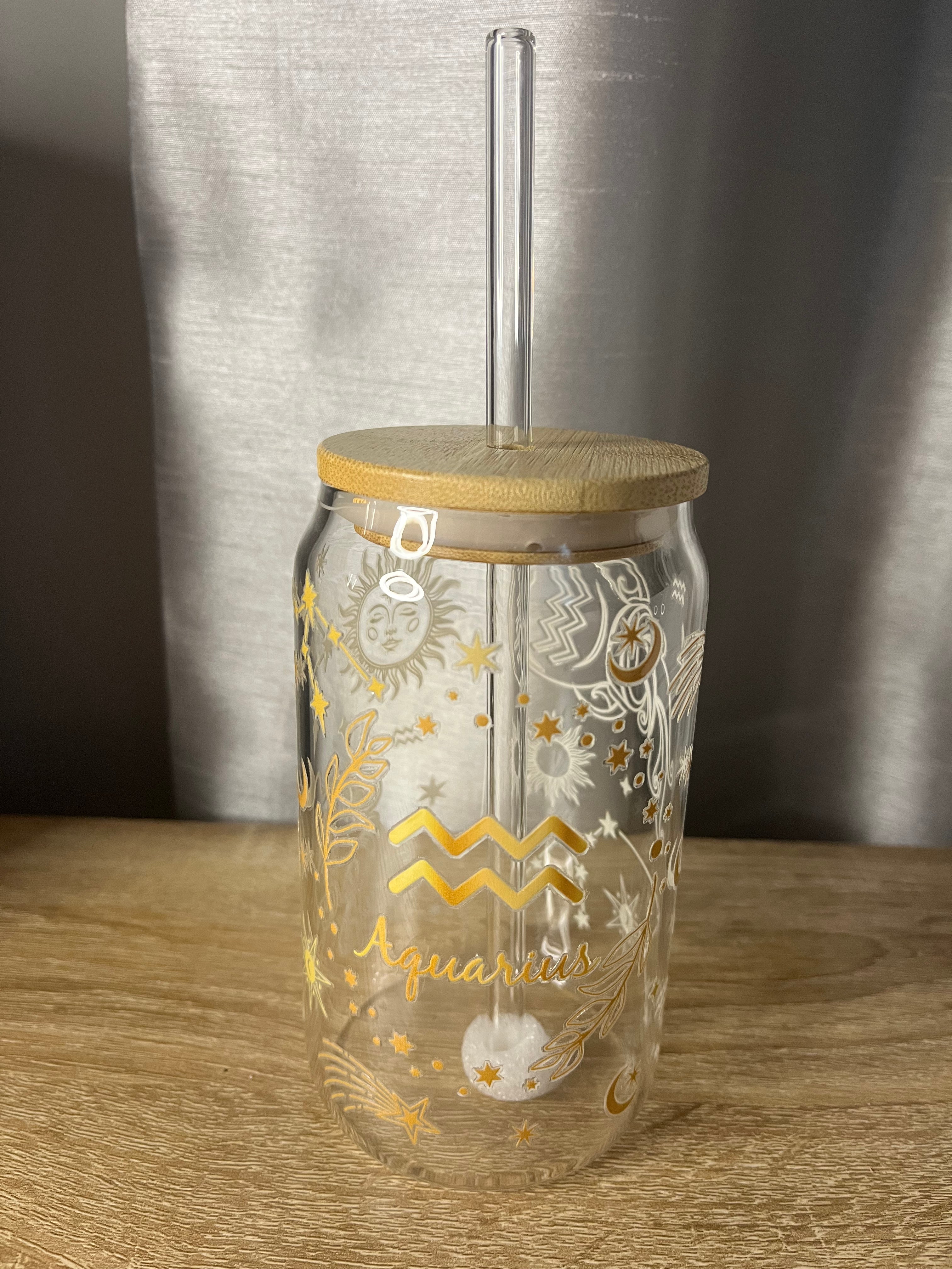 Star Sign / Zodiac Glass Can Shaped Cup With Glass Straw
